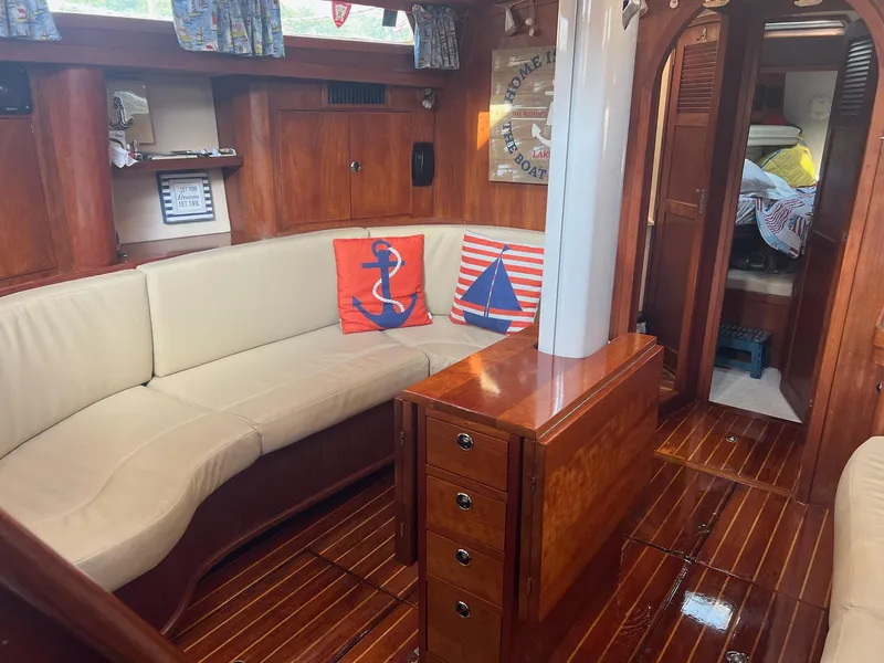 Slide: The Image of Interior of 1992 Endeavour 45 yacht with wooden finish and nautical-themed decor. - 26