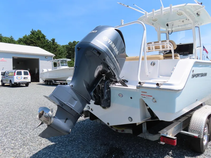 Slide: The Image of 2018 Sportsman Heritage 251 Center Console boat with Yamaha engine on trailer. - 4