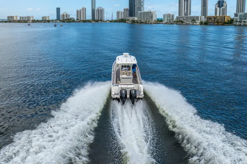 Slide: The Image of 2018 Boston Whaler 280 Outrage cruising on water with city skyline in background. - 11