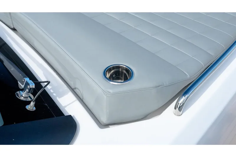 Slide: The Image of Luxurious seating area on 2024 Pardo Yachts 43 with cup holder and railing. - 41