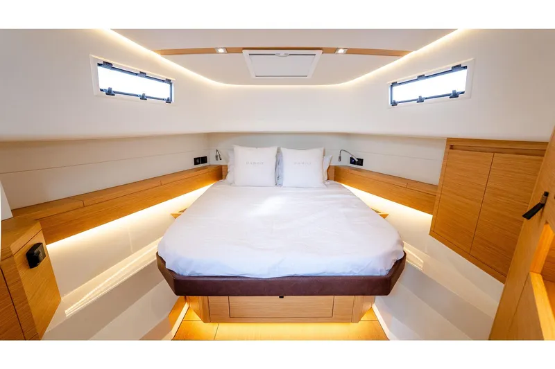 Slide: The Image of Luxurious cabin interior of 2024 Pardo Yachts 43, featuring elegant wood finishes and modern design. - 48
