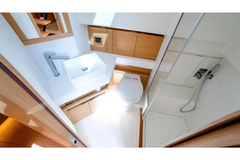 Slide: The Image of Luxurious bathroom interior of 2024 Pardo Yachts 43, featuring modern fixtures and wood accents. - 53