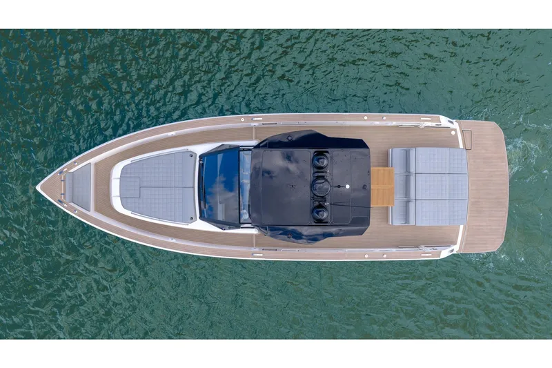 Slide: The Image of Top view of 2024 Pardo Yachts 43 on water, showcasing sleek design and spacious deck. - 8