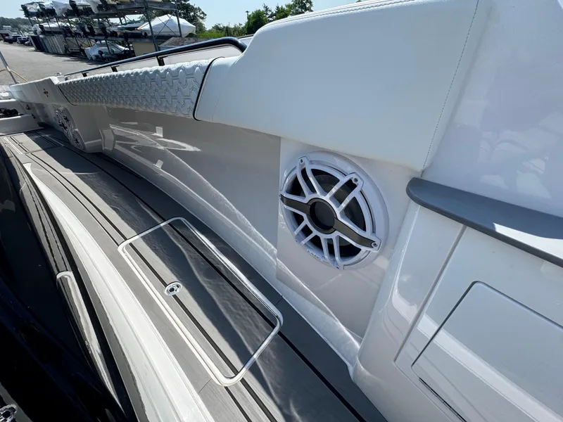 Slide: The Image of 2025 Fountain 43 SCX boat interior with speaker and sleek design details. - 17