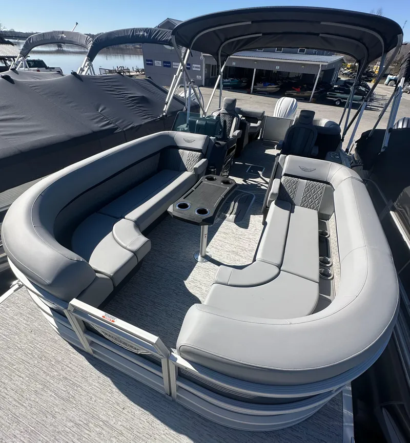 Slide: The Image of 2025 Bennington 24 MFB pontoon boat with spacious seating and modern design. - 3