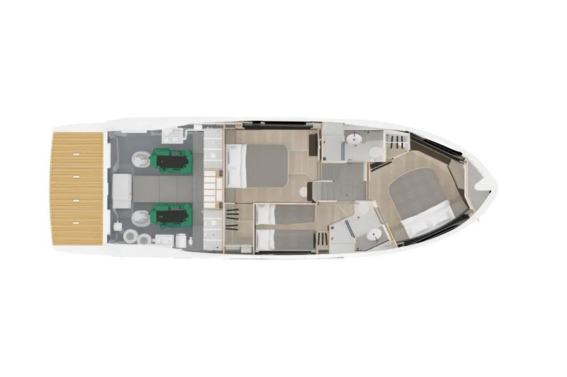 Slide: The Image of 2024 Absolute 48 Coupe yacht interior layout with bedrooms, bathrooms, and engine room. - 16