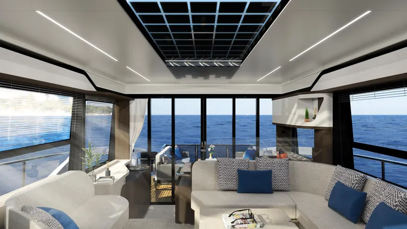 Slide: The Image of Luxurious interior of 2024 Absolute 48 Coupe yacht with ocean view. - 9