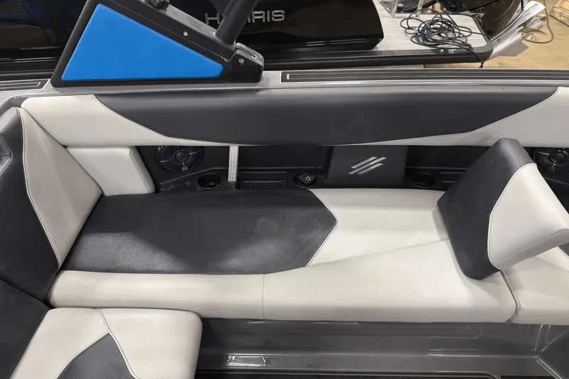 Slide: The Image of 2021 ATX Surf Boats 20 Type-S interior seating with black and white upholstery. - 15