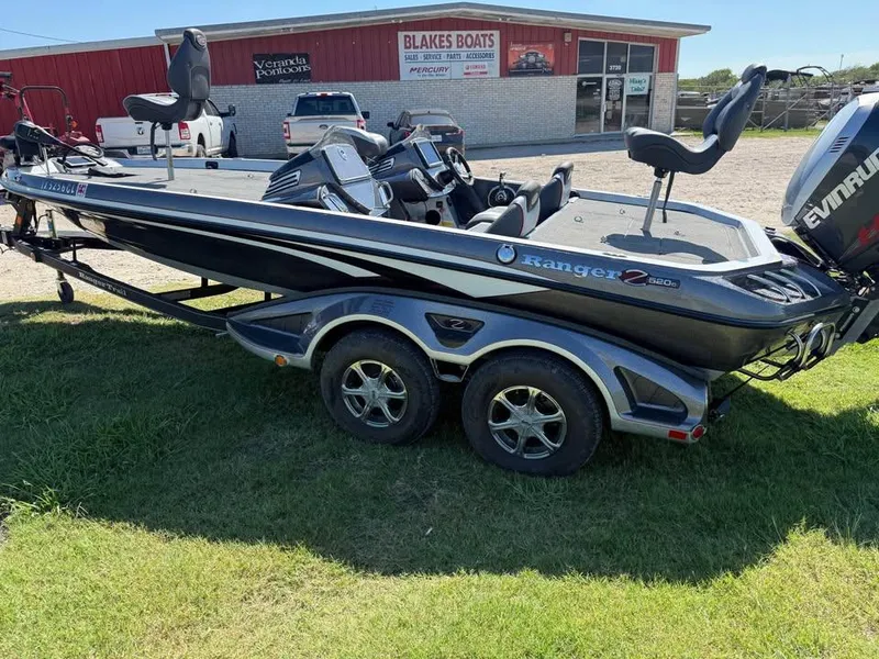 Slide: The Image of 2015 Ranger Z520 Comanche boat on trailer outside Blake's Boats dealership. - 2