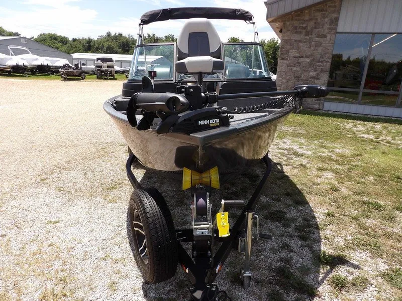 Slide: The Image of 2022 G3 Angler V164 F boat on trailer, equipped with Minn Kota trolling motor. - 5