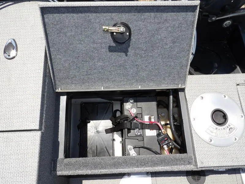 Slide: The Image of Battery compartment of 2022 G3 Angler V164 F boat, open hatch view. - 9