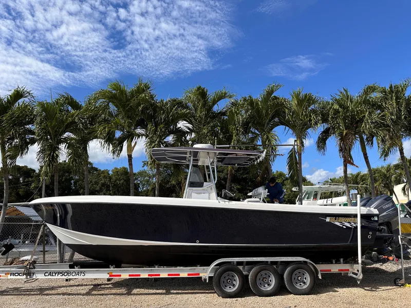 Slide: The Image of 2003 Bluewater Sportfishing 2850 boat on trailer, surrounded by palm trees under a blue sky. - 24