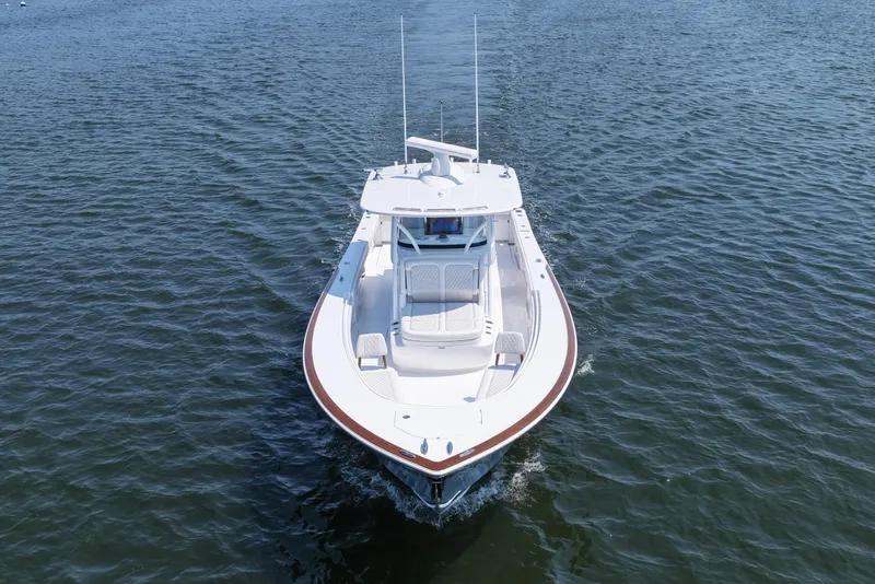 Slide: The Image of 2026 Valhalla Boatworks V-41 cruising on open water, aerial view. - 18