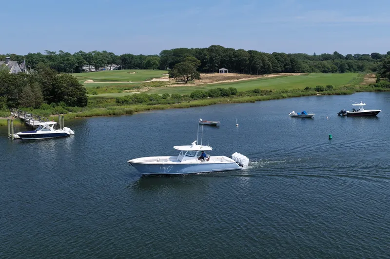 Slide: The Image of 2026 Valhalla Boatworks V-41 cruising on a scenic river with lush green surroundings. - 19