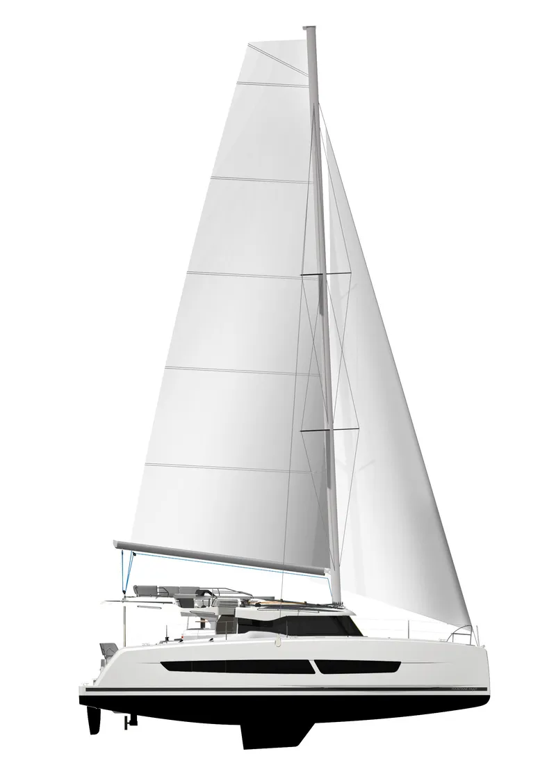 Slide: The Image of 2026 Fountaine Pajot 44 catamaran with sleek white sails and modern design. - 40