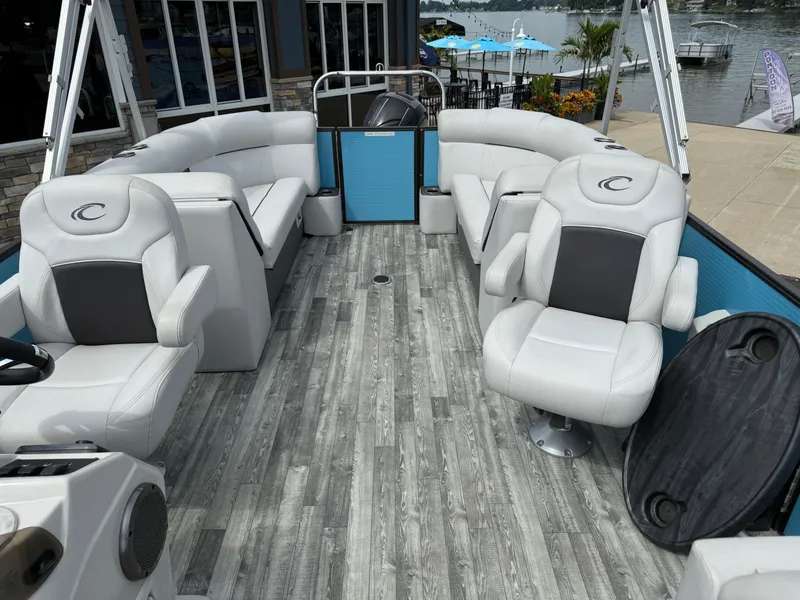 Slide: The Image of 2022 Crest 220 boat interior with luxurious seating and modern design. - 15