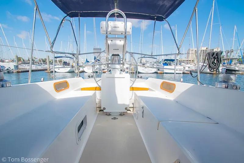 Slide: The Image of Cockpit view of 1987 Catalina 36 sailboat docked in a marina. - 35