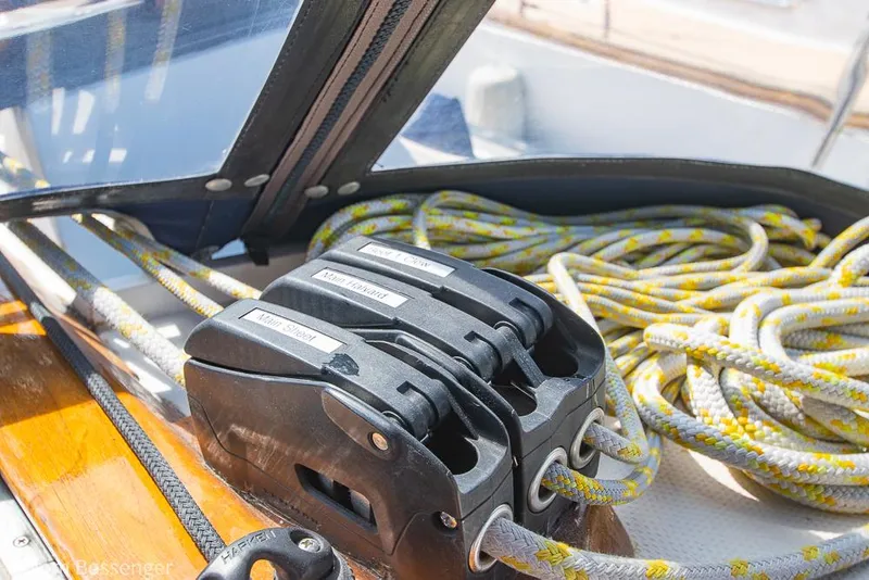 Slide: The Image of Close-up of Catalina 36 sailboat rigging and rope clutches, 1987 model. - 40
