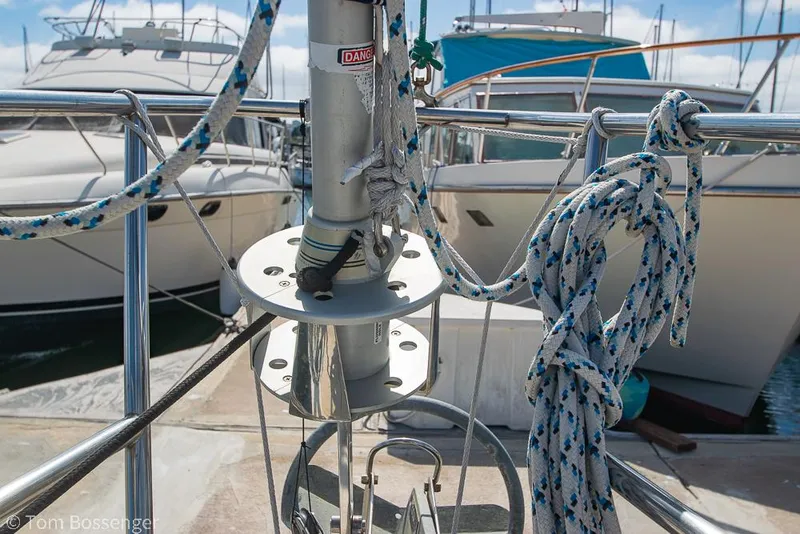 Slide: The Image of Close-up of Catalina 36 sailboat rigging and ropes at a marina, 1987 model. - 45