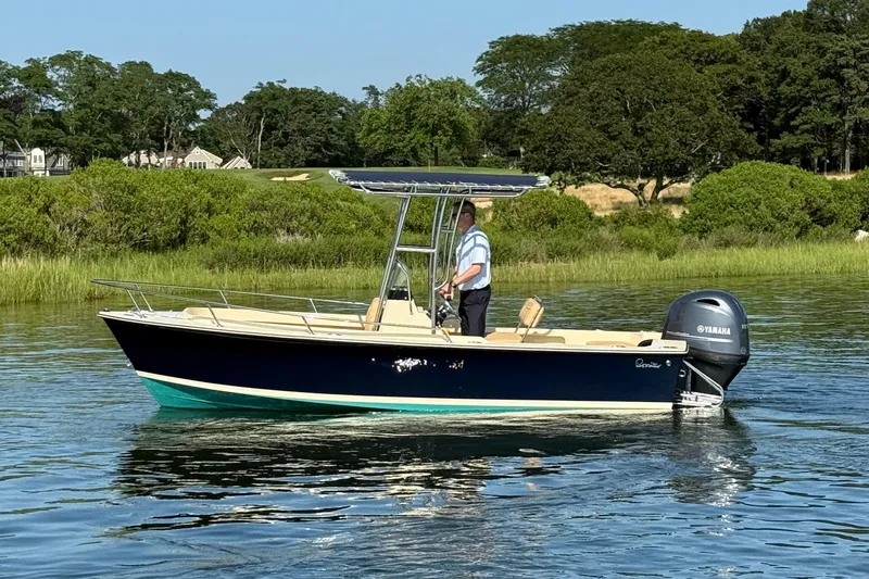Slide: The Image of 2026 Rossiter 17 boat on calm water with lush green shoreline background. - 15