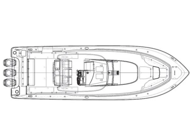 Slide: The Image of 2014 Boston Whaler 370 Outrage boat on open water, featuring triple engines. - 11