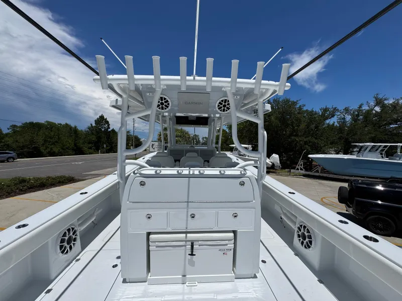 Slide: The Image of 2026 Invincible 46 Catamaran with sleek design, spacious deck, and advanced navigation equipment. - 35