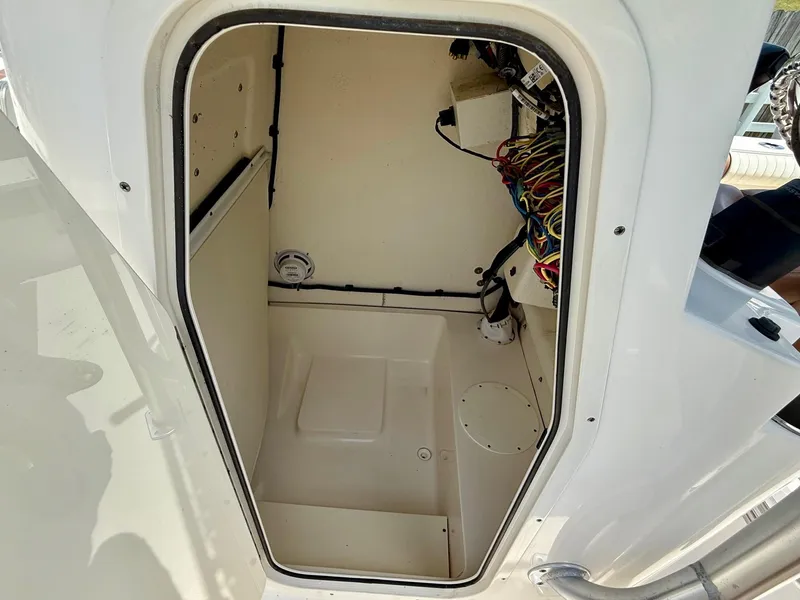 Slide: The Image of 2019 Sea Born LX21 Center Console storage compartment with wiring and speaker visible. - 13