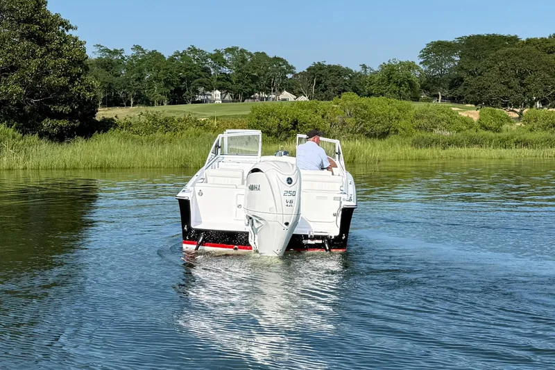 Slide: The Image of 2026 Rossiter 23 OPEN boat cruising on a calm lake with lush greenery. - 13