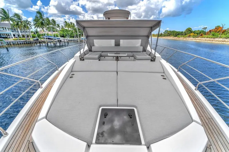 Slide: The Image of Luxurious 2020 Azimut S7 FLY yacht with spacious sun deck and scenic waterfront view. - 15