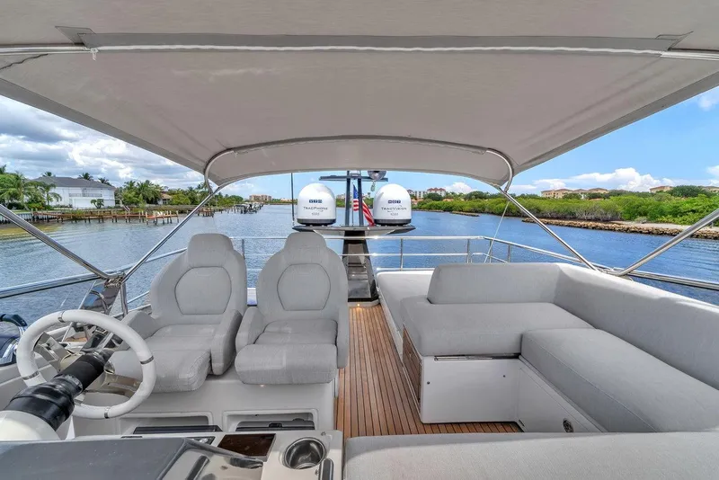 Slide: The Image of Luxurious 2020 Azimut S7 FLY yacht interior with plush seating and scenic waterway view. - 27