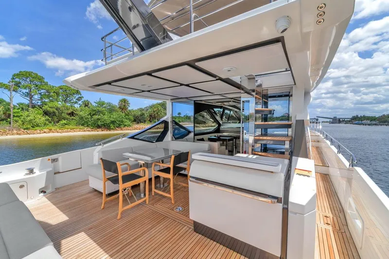 Slide: The Image of Luxurious 2020 Azimut S7 FLY yacht with spacious deck and elegant seating area. - 31