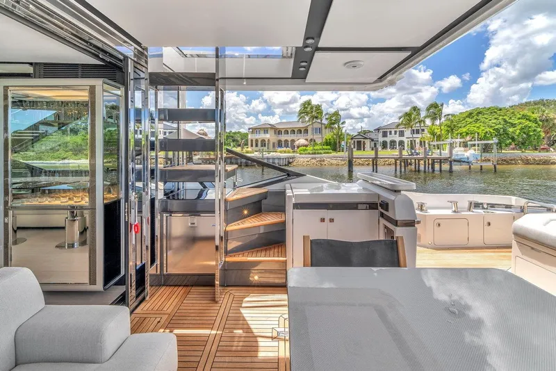 Slide: The Image of Luxurious 2020 Azimut S7 FLY yacht interior with modern design and waterfront view. - 39