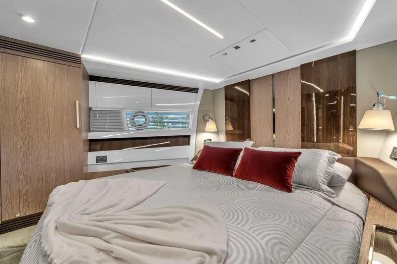 Slide: The Image of Luxurious bedroom interior of 2020 Azimut S7 FLY yacht with modern design elements. - 62