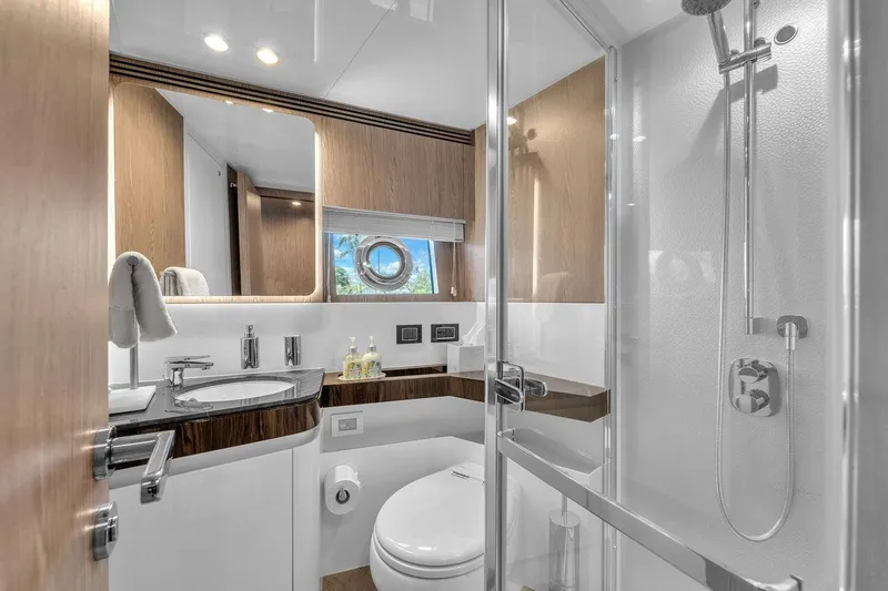 Slide: The Image of Luxurious bathroom in 2020 Azimut S7 FLY yacht with modern fixtures and elegant design. - 68