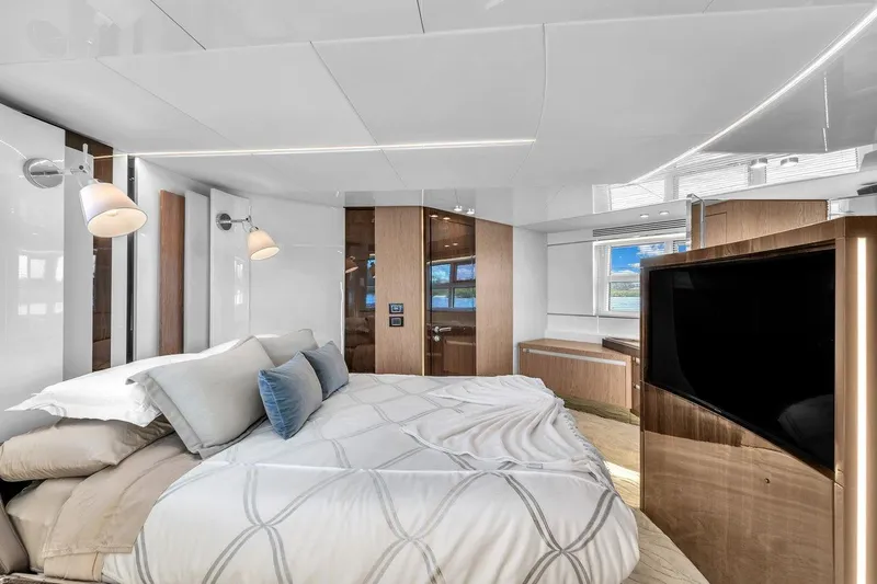Slide: The Image of Luxurious bedroom interior of 2020 Azimut S7 FLY yacht with modern design and elegant furnishings. - 73