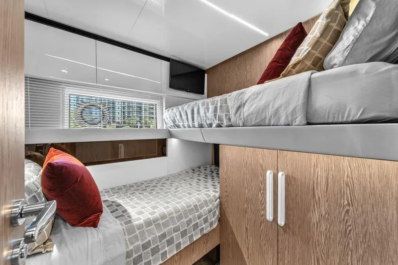Slide: The Image of Luxurious cabin interior of 2020 Azimut S7 FLY yacht with bunk beds and modern design. - 78