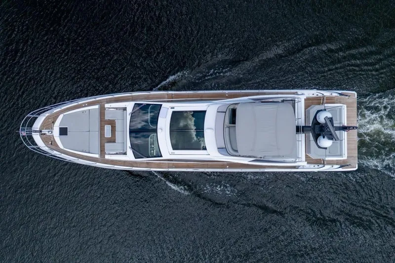 Slide: The Image of Aerial view of 2020 Azimut S7 FLY yacht cruising on water. - 8