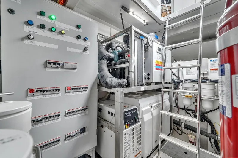 Slide: The Image of Engine room of 2020 Azimut S7 FLY yacht with control panels and equipment. - 80