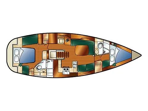Slide: The Image of 2007 Hunter 45 Center Cockpit yacht floor plan with spacious cabins and modern amenities. - 1