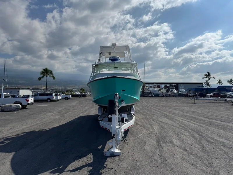 Slide: The Image of 2018 Custom Ocean Master boat on trailer under cloudy sky, parked near palm trees. - 14
