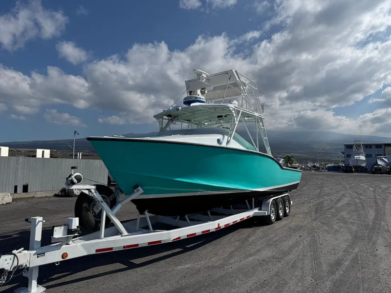 Slide: The Image of Custom 2018 Ocean Master boat on trailer under cloudy sky. - 7