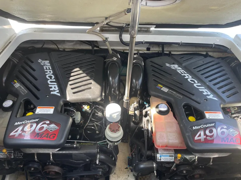 Slide: The Image of Twin MerCruiser 496 MAG engines in a 2008 Formula 31 PC boat engine compartment. - 20