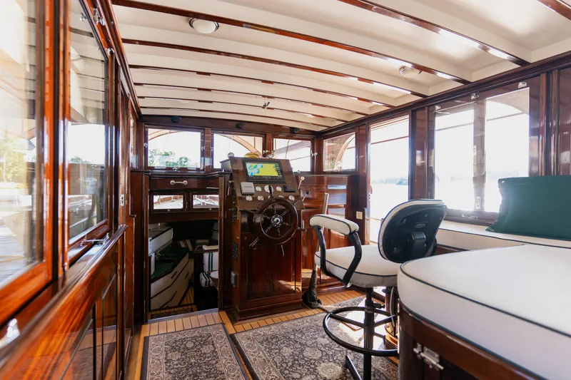 Slide: The Image of Interior of 1929 Vintage Gidley 52 Retro Modern Motor Yacht with polished wood and navigation equipment. - 33