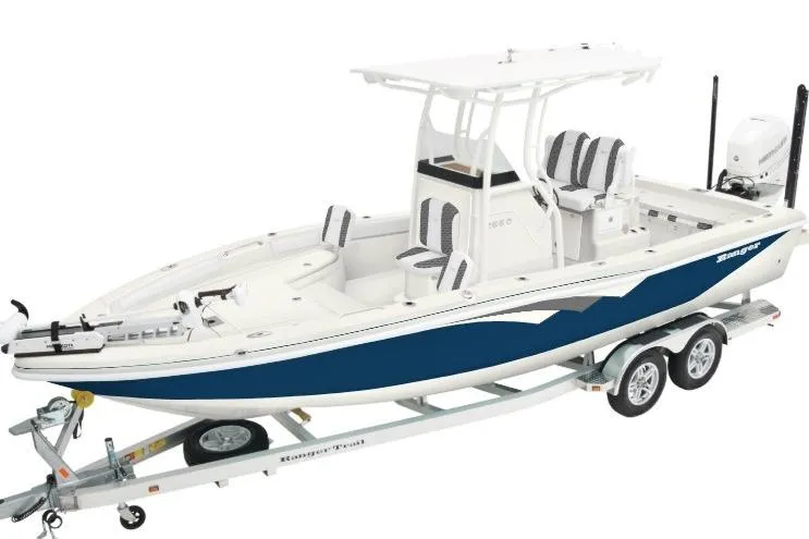 The Image of 2025 Ranger 2510 Bay boat on trailer, featuring sleek design and modern amenities. - 0