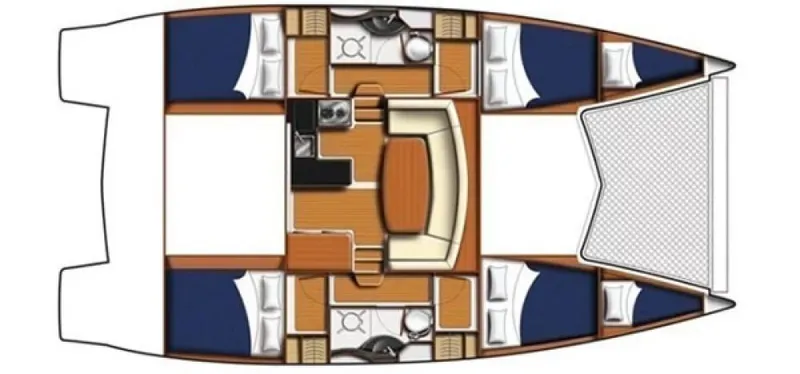 Slide: The Image of Floor plan of a 2011 Leopard 38 catamaran, featuring cabins, bathrooms, and a central living area. - 114