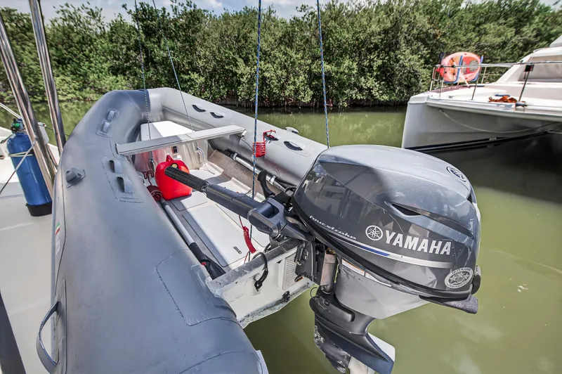 Slide: The Image of Inflatable boat with Yamaha outboard motor on Leopard 38 catamaran, 2011 model. - 36