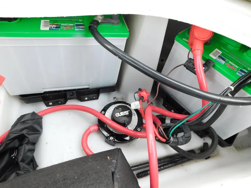 Slide: The Image of Battery compartment of 2019 Godfrey SWEETWATER 2186 SB with wiring and connections. - 32