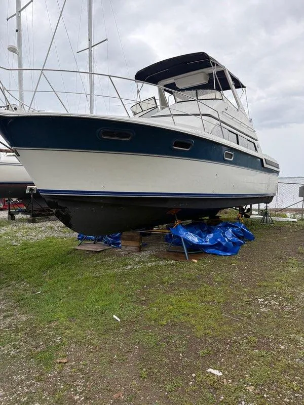 Slide: The Image of 1990 Carver 38 Santego yacht on land, supported by blocks and tarps. - 4