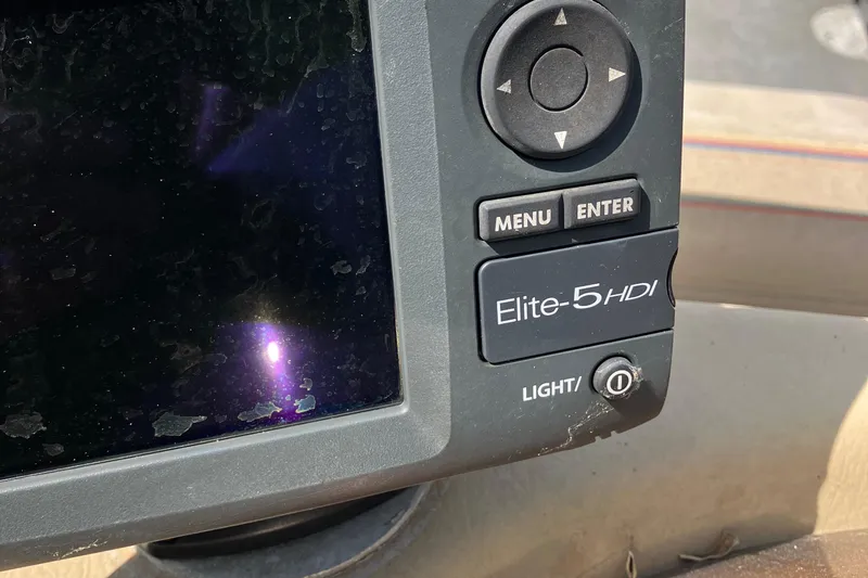 Slide: The Image of Close-up of Elite-5 HDI fish finder on 1996 Smoker Craft 820 boat. - 18