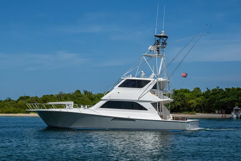 The Image of 2005 Viking 61 yacht cruising near a lush shoreline under a clear blue sky. - 1